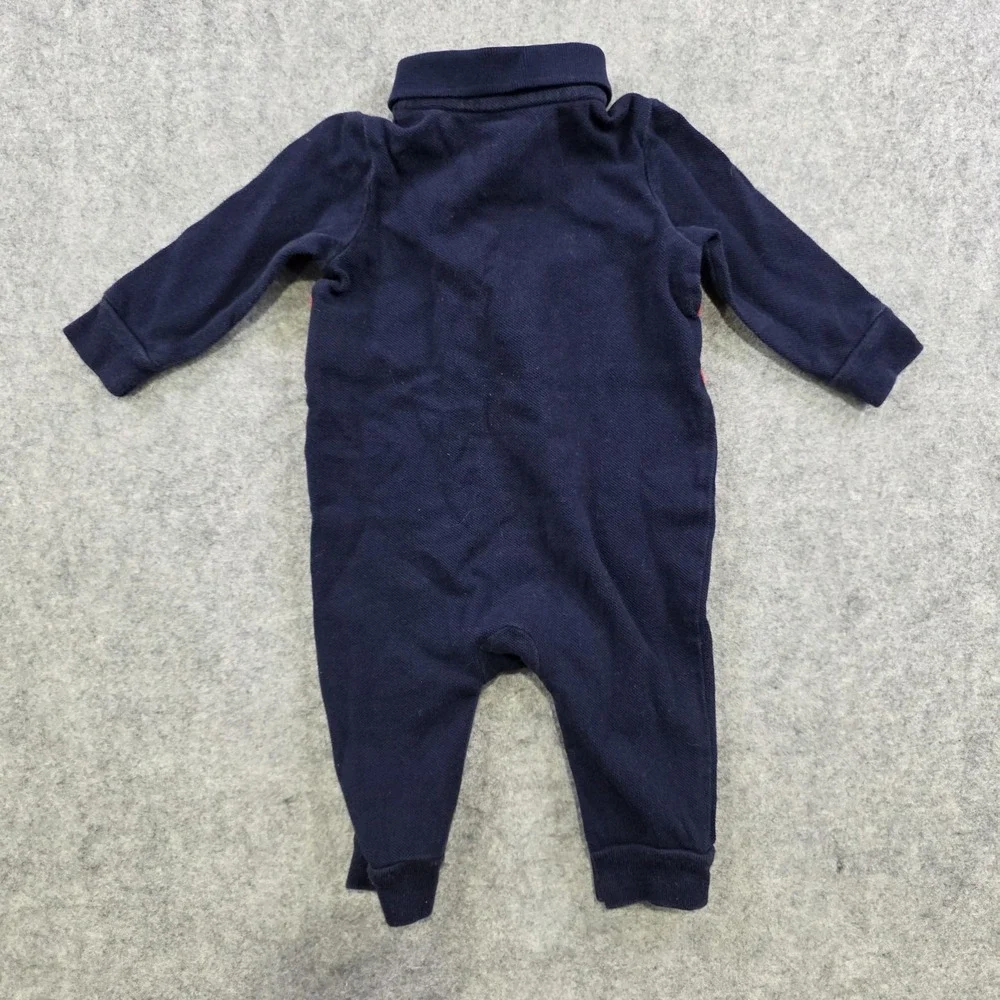 Ralph Lauren Coverall Baby Boys 0-3M Blue Red Polo One Piece Snap Romper
